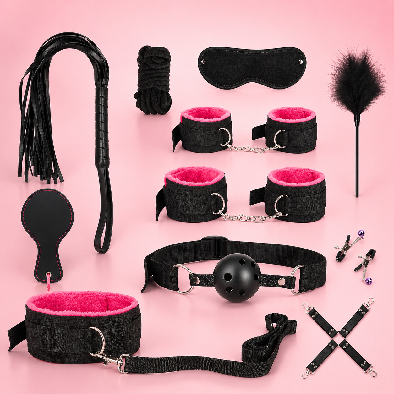 Kit BDSM 11 pièces – Ensemble complet en nylon avec accessoires de bondage