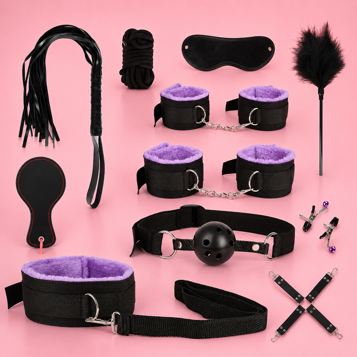 Kit BDSM 11 pièces – Ensemble complet en nylon avec accessoires de bondage