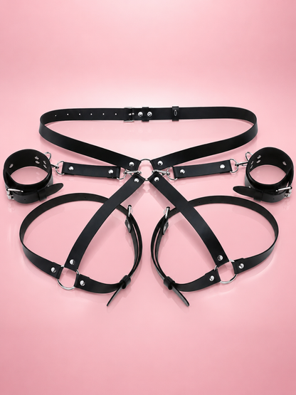 Kit BDSM en cuir premium – Harnais ajustable avec menottes pour couples
