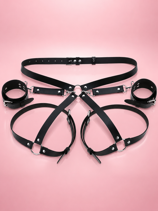 Kit BDSM en cuir premium – Harnais ajustable avec menottes pour couples